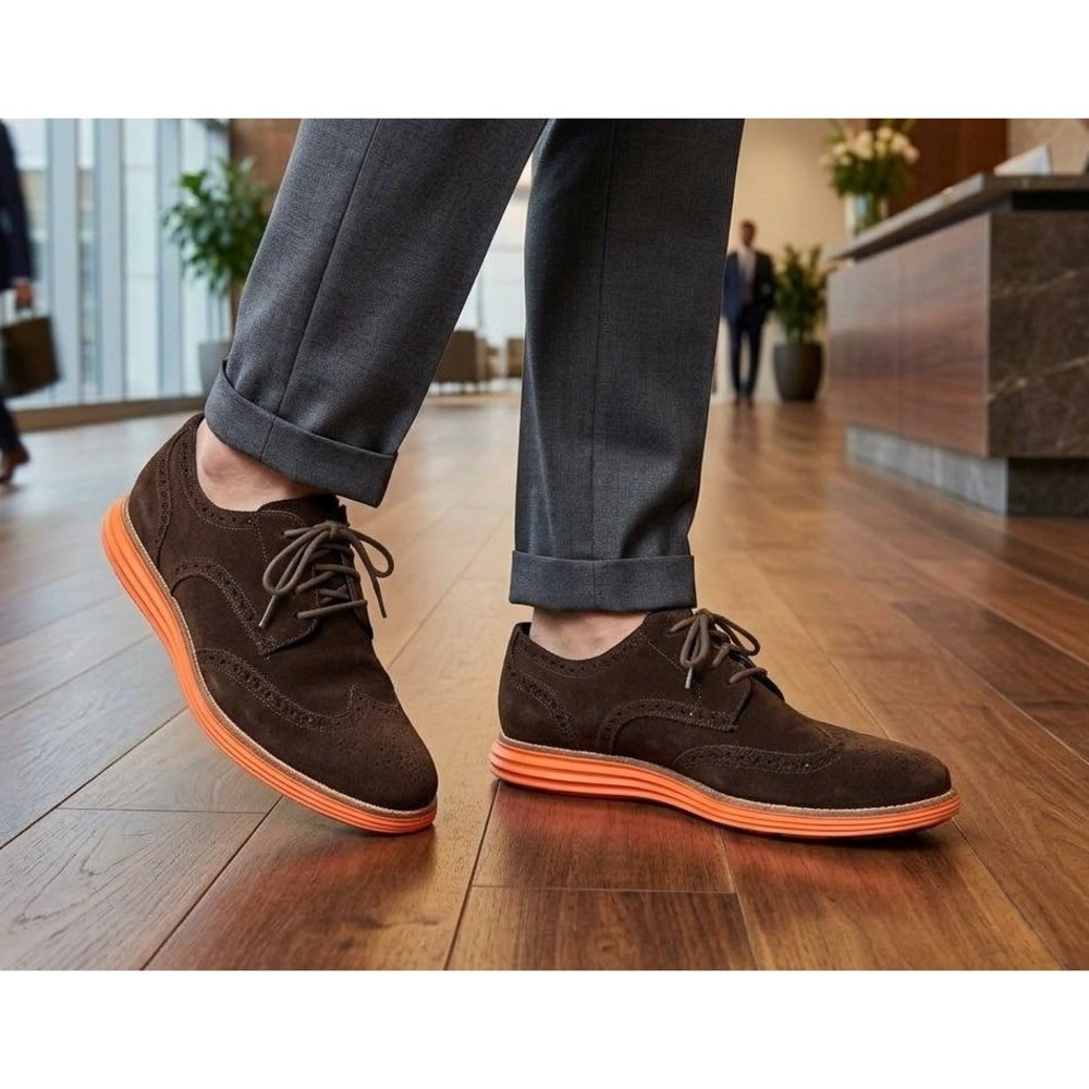 Cole Haan Lunargrand Wingtip Mens 10.5 Brown Suede Orange Sole C11097